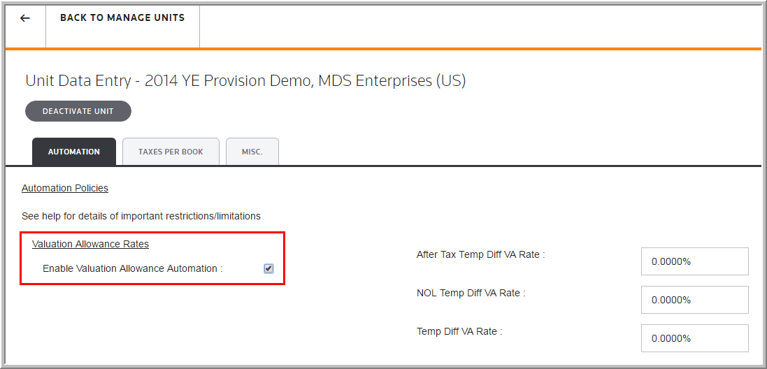 2016 Functionality - Valuation Allowance