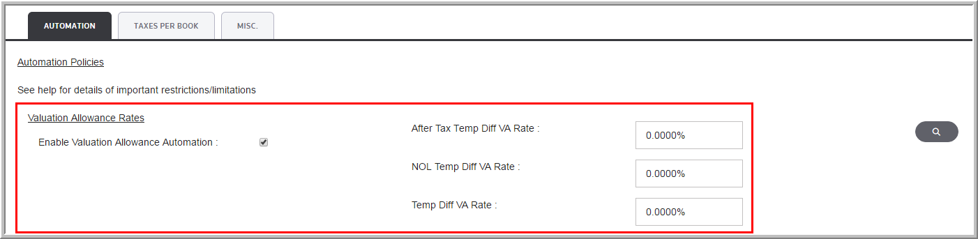 2016 Functionality - Valuation Allowance enter percentage