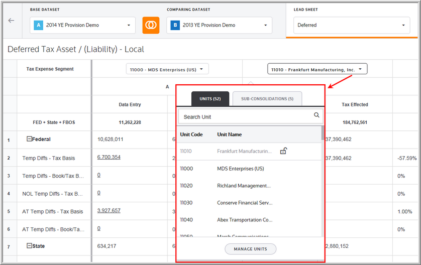 Comparing Lead Sheet - Change Unit/Sub-Consolidation